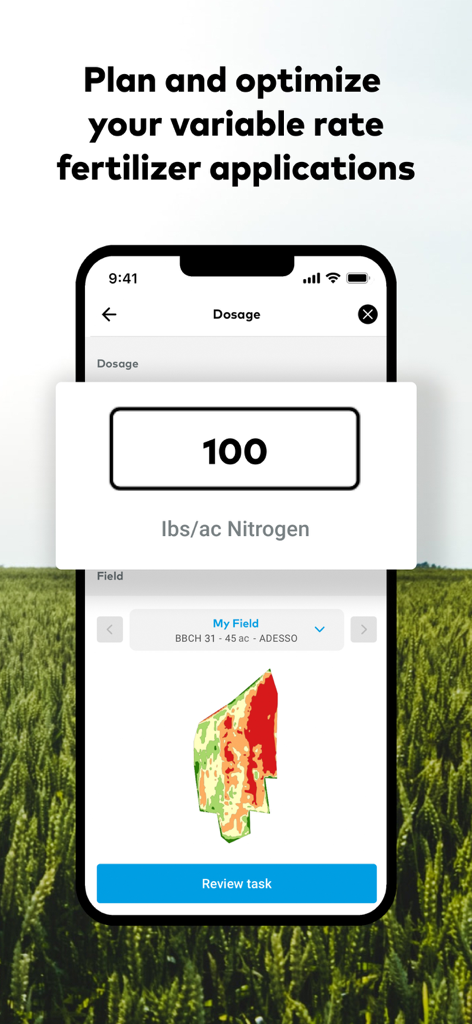Smartphone-Bildschirm zeigt Stickstoffdünger-Dosierungseinstellungen und eine Feldwärmekarte für variable Ausbringung