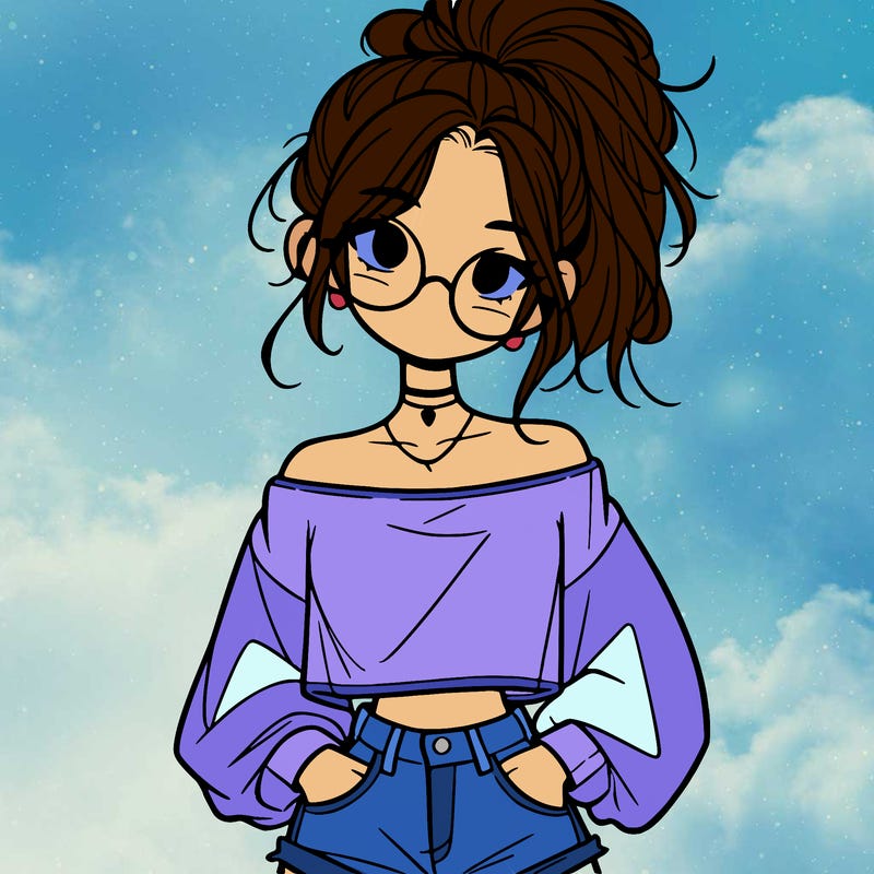 girl with a messy ponytail glasses a baggy crop top and jean shorts