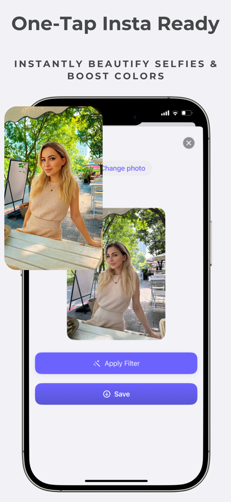 PhotoTool - AI Photo Enhancer - PhotoTool app interface showing the One-Tap Insta Ready feature for beautifying selfies and boosting colors on a portrait photo