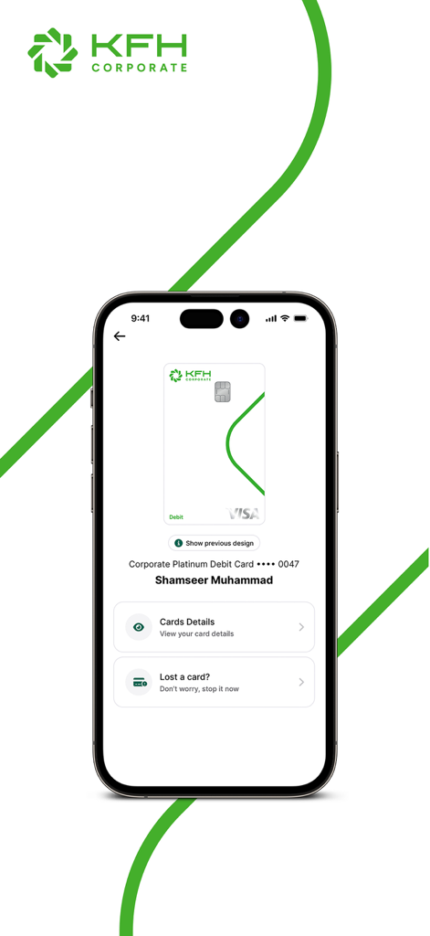 KFH Corporate - KFH Corporate mobile app interface showing corporate platinum debit card details and report lost card options