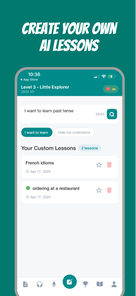Frenchico - Learn French Fast - A mobile app interface for creating custom French lessons using AI