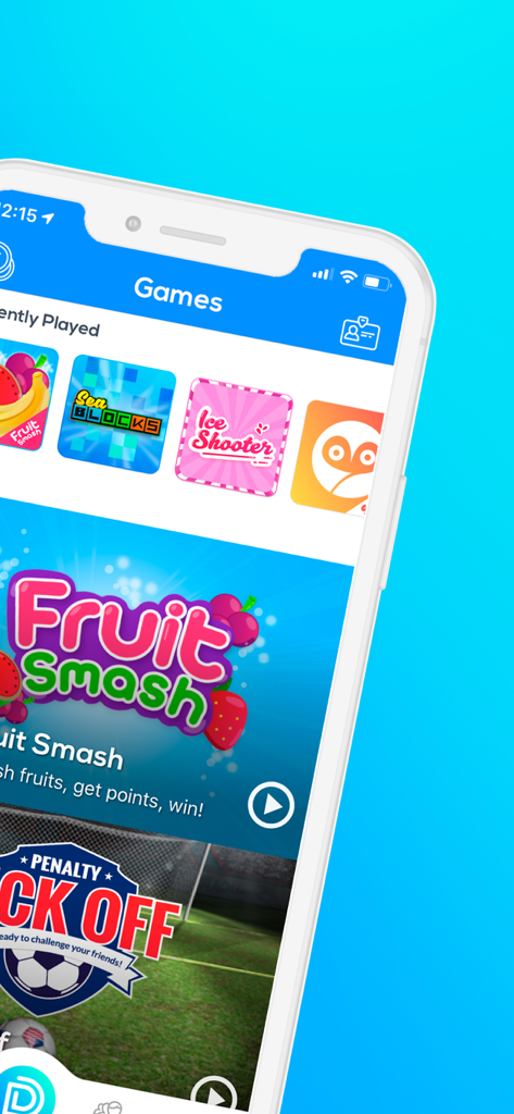 Mobile screen of the Duelit app showing a selection of casual games like Fruit Smash and Penalty Kick Off.