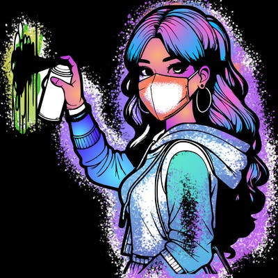 realistic girl with mask spray painting a wall