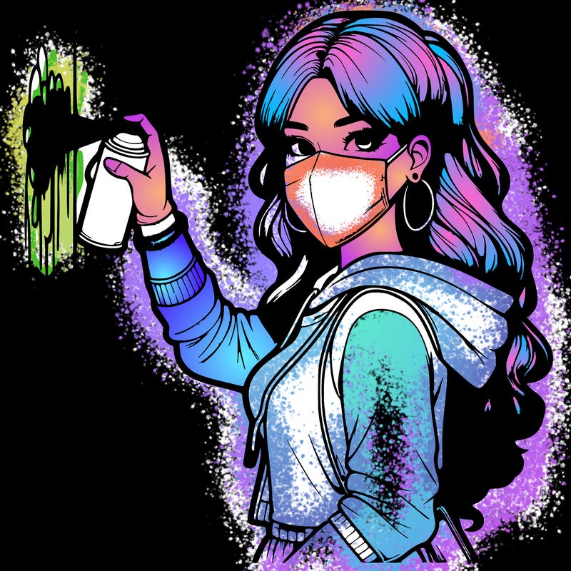 realistic girl with mask spray painting a wall