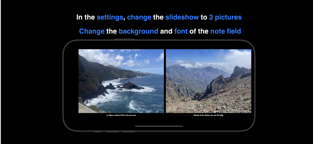 Instant Photo Note - Aplicación Nota de Foto Instantánea mostrando dos fotos una al lado de la otra en una presentación de diapositivas con notas personalizadas