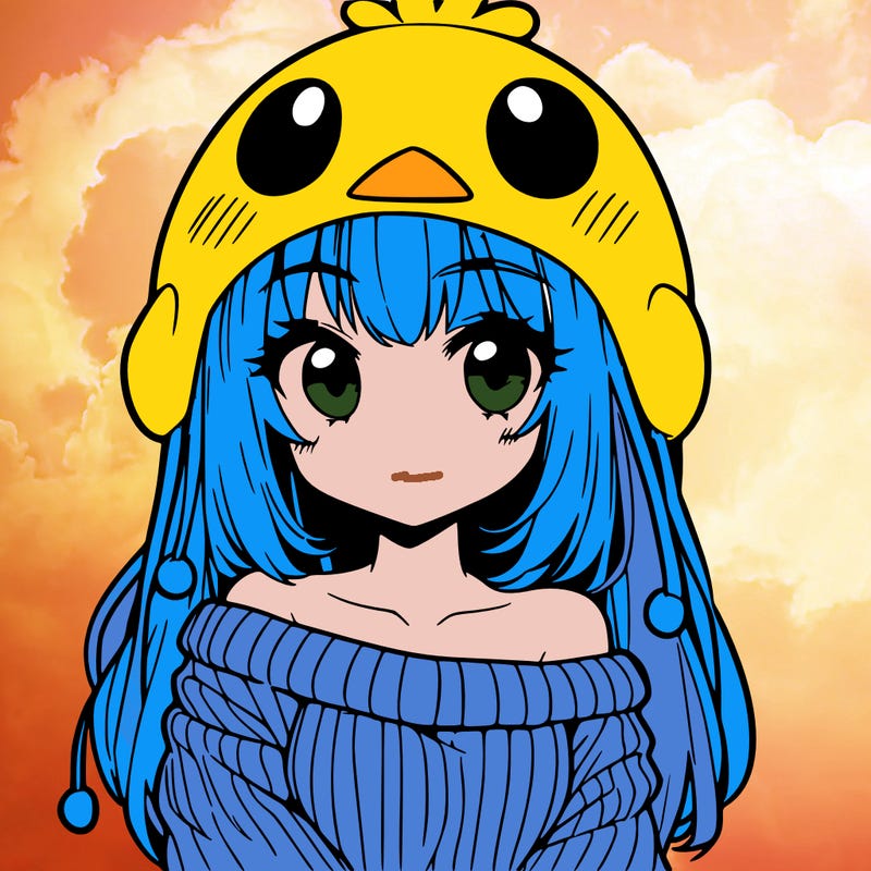 anime girl with chick shaped hat with sweater with bare shoulders with bangs covering them one eye with low tail