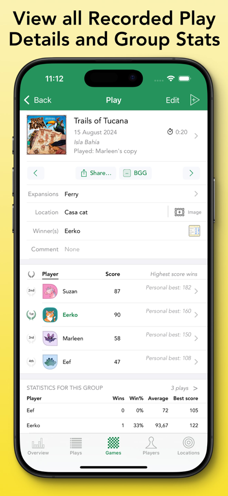 Board Game Stats - A screenshot of the Board Game Stats app showing recorded play details, player scores, and group statistics for the game Trails of Tucana.