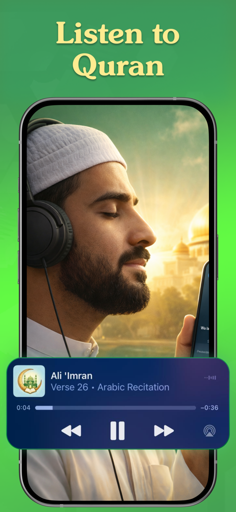 A man wearing headphones and listening to Quran audio recitation on the Iman Path app