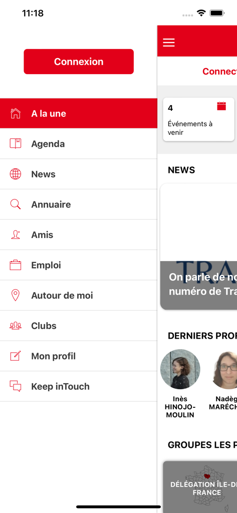 SFT - Menú de navegación lateral de la aplicación móvil SFT con servicios profesionales para traductores, incluyendo agenda de noticias y directorio.