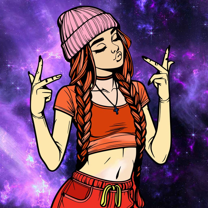 realistic teenage girl with braids and a beanie and crop top doing 🫶🏼
