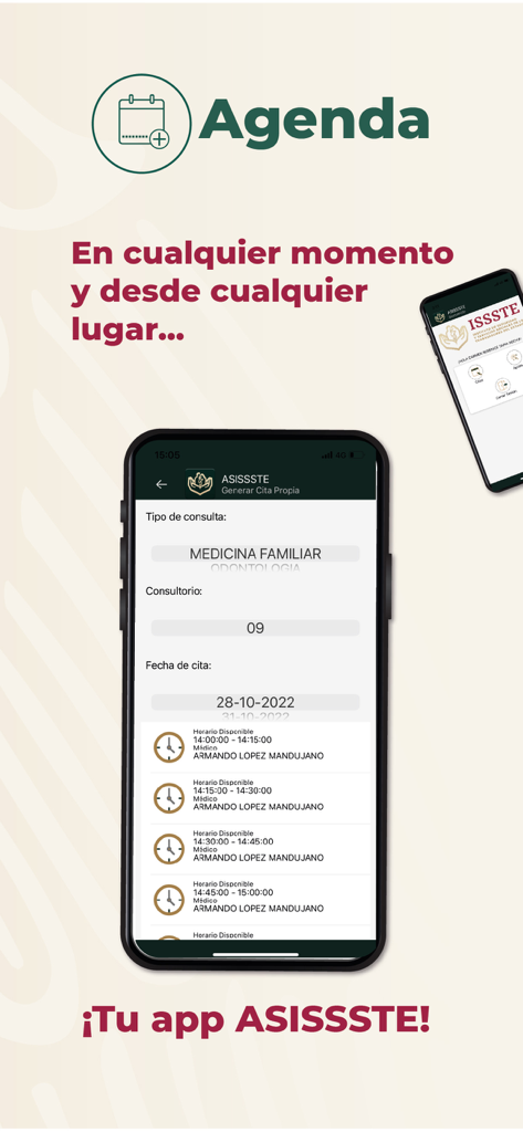 Pantalla de programación de citas médicas de la aplicación ASISSSTE Movil mostrando franjas horarias disponibles y nombres de médicos