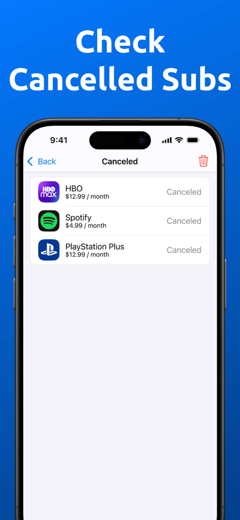 Subscription Trackerㅤ - A screenshot of the Subscription Tracker app displaying a list of canceled services including HBO Spotify and PlayStation Plus