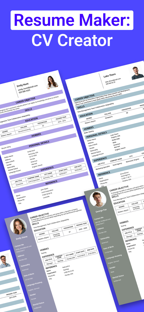 Resume Maker: CV Creator - Una selección de plantillas de CV profesionales y modernas disponibles en la aplicación Resume Maker.