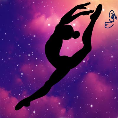 gymnast doing a leap in a leotard with a bent back leg