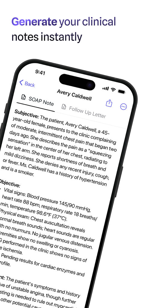 L'interface de l'application Medical Scribe montrant une note SOAP clinique générée
