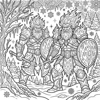Journey into an extraordinary world where the raw power of Fire Giants meets the serene beauty of a winter wonderland. This captivating coloring page offers a dramatic fantasy scene, perfect for unleashing your creativity and artistic flair.