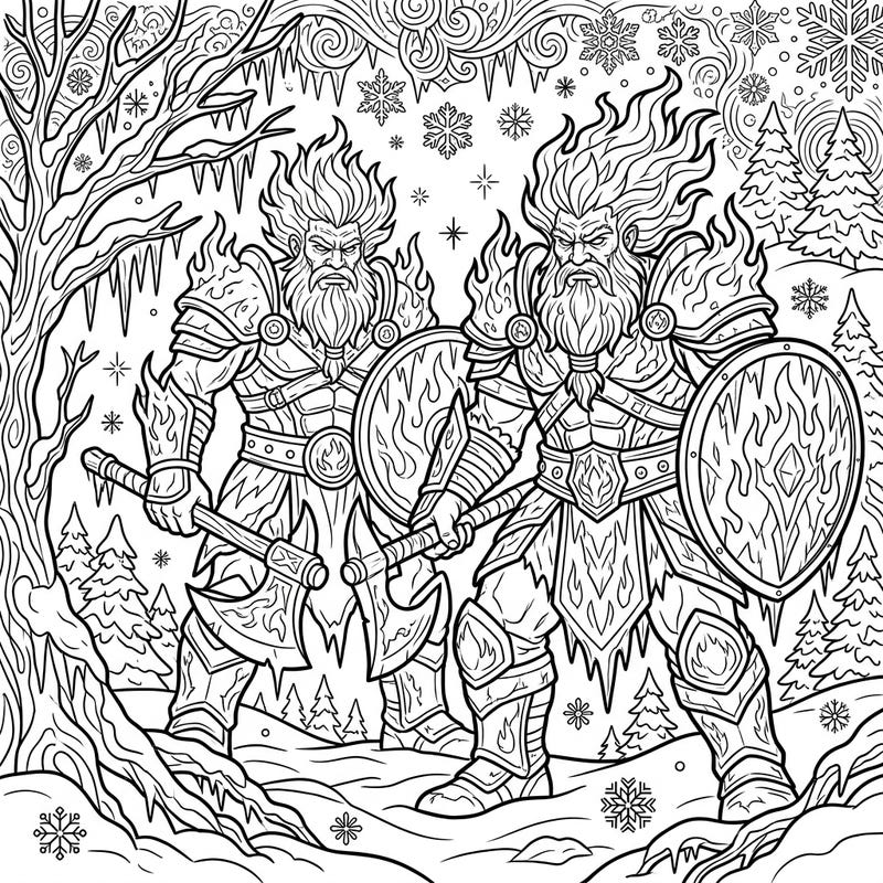 Journey into an extraordinary world where the raw power of Fire Giants meets the serene beauty of a winter wonderland. This captivating coloring page offers a dramatic fantasy scene, perfect for unleashing your creativity and artistic flair.