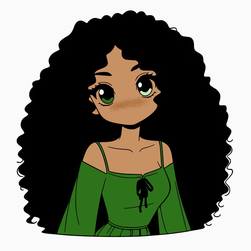 a black anime girl with long afro hair