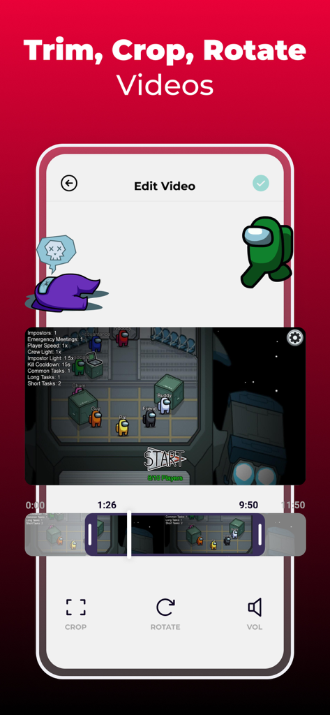 Screen Recorder: Capture Video - Mobile app interface for editing screen recordings with trim crop and rotate tools