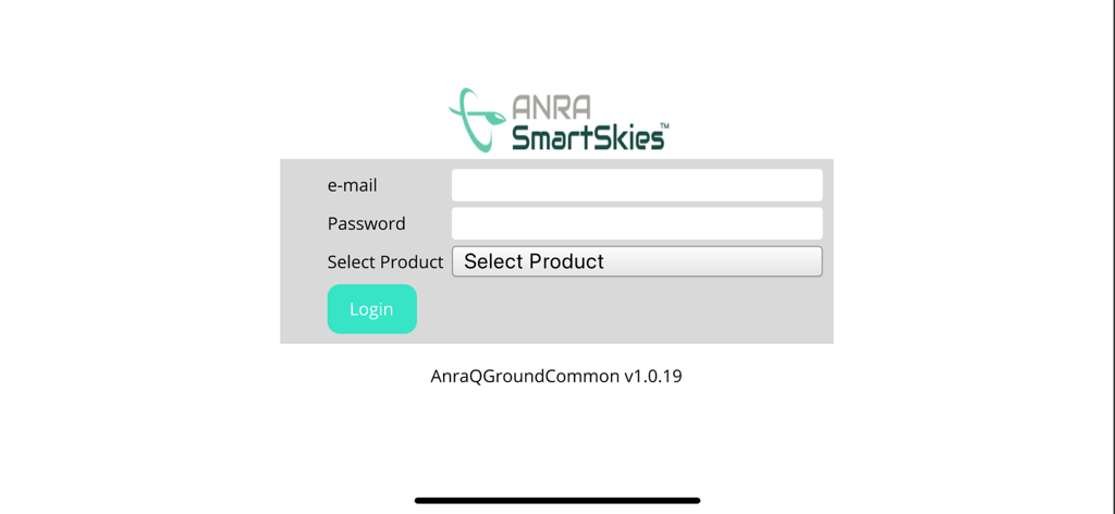 ANRA QGroundControl - Login screen for ANRA QGroundControl app featuring e-mail and password fields with SmartSkies branding
