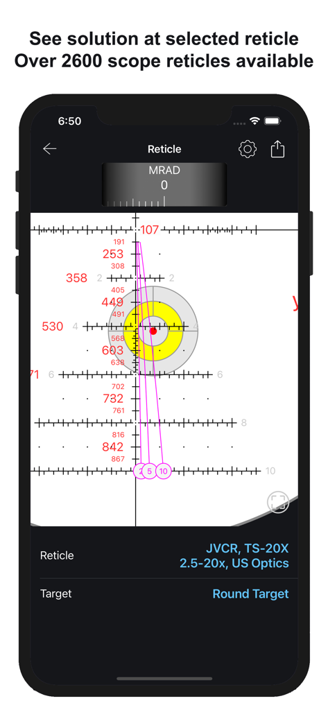 Chairgun Elite Ballistic Tool - Ballistic calculator app showing a scope reticle with precision distance holdovers and target aiming points