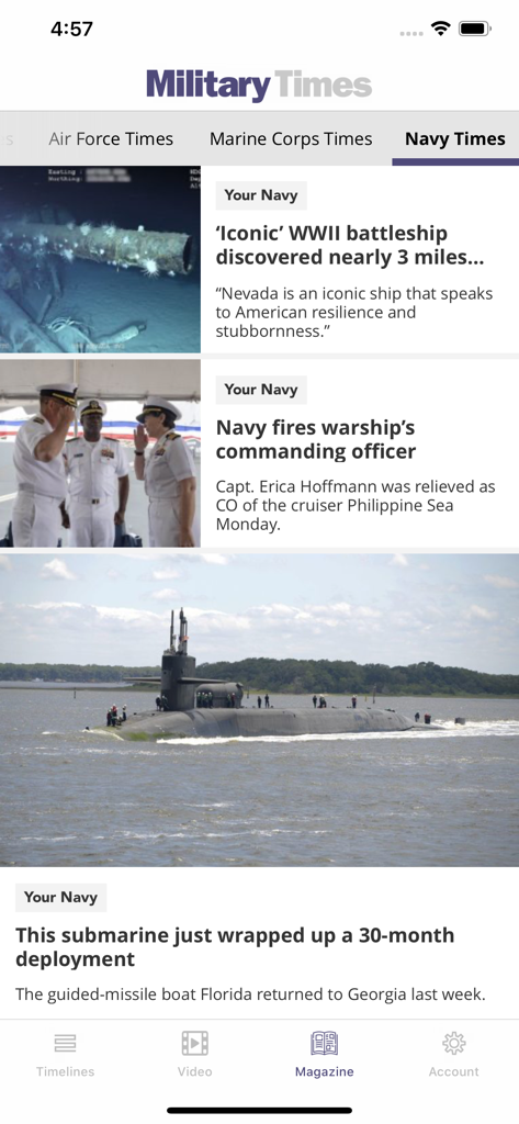 Military Times - Military Times app interface showing Navy news articles and a submarine