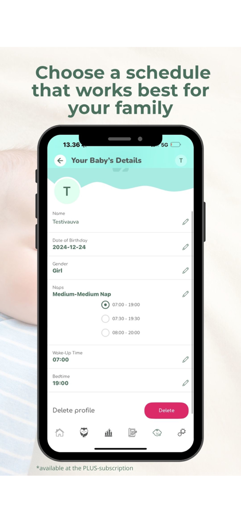 iZzzleep – Baby Sleep Coach - Smartphone screen showing baby profile details and sleep schedule options in the iZzzleep app