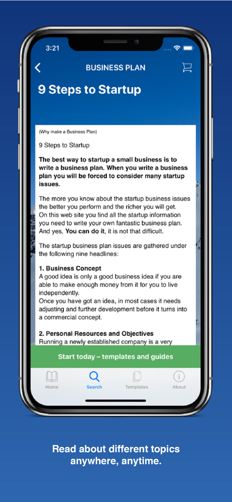 Smartphone-Bildschirm, der die 9 Schritte zur Startup-Anleitung in der Businessplan-App zeigt
