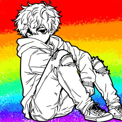 a male hoddie ripped jeans messy hair anime