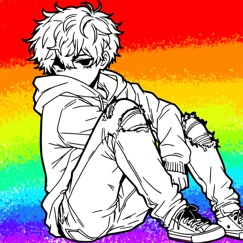 a male hoddie ripped jeans messy hair anime