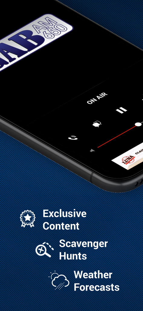 KGAB 650AM app screen showing the live radio player weather forecasts and exclusive content icons