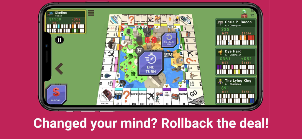 Quadropoly - Monopolist Tycoon - Quadropoly mobile game interface showing the rollback deal option on a 3D board