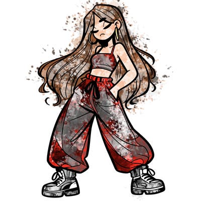 girl in baggy pants crop top and long hair