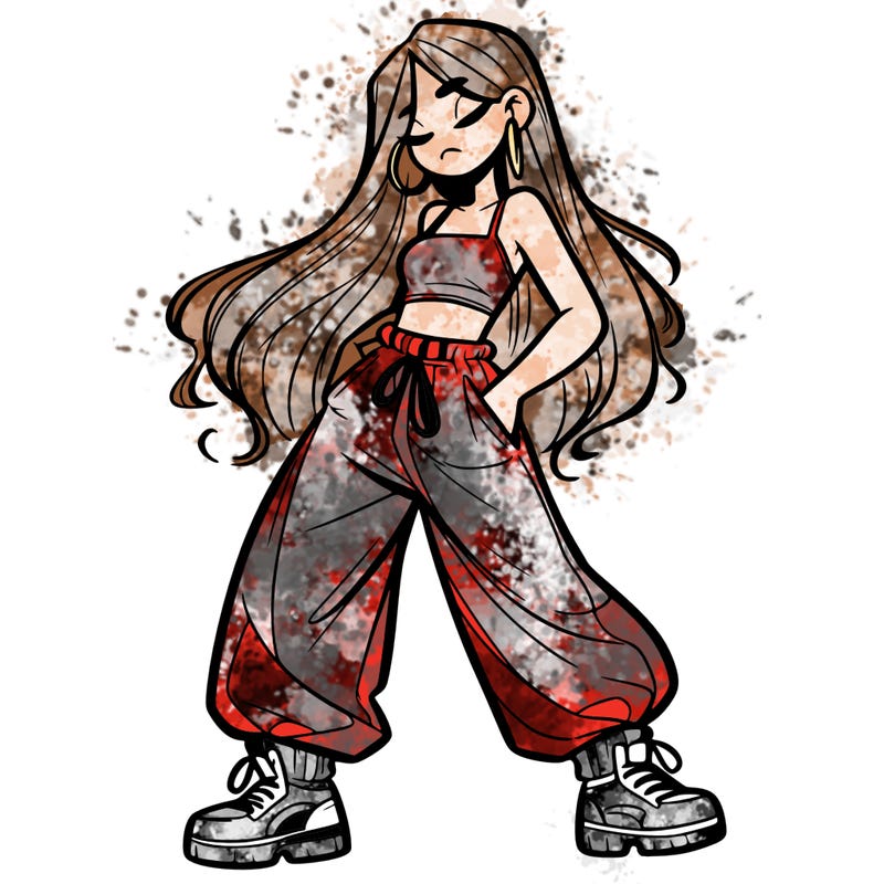 girl in baggy pants crop top and long hair