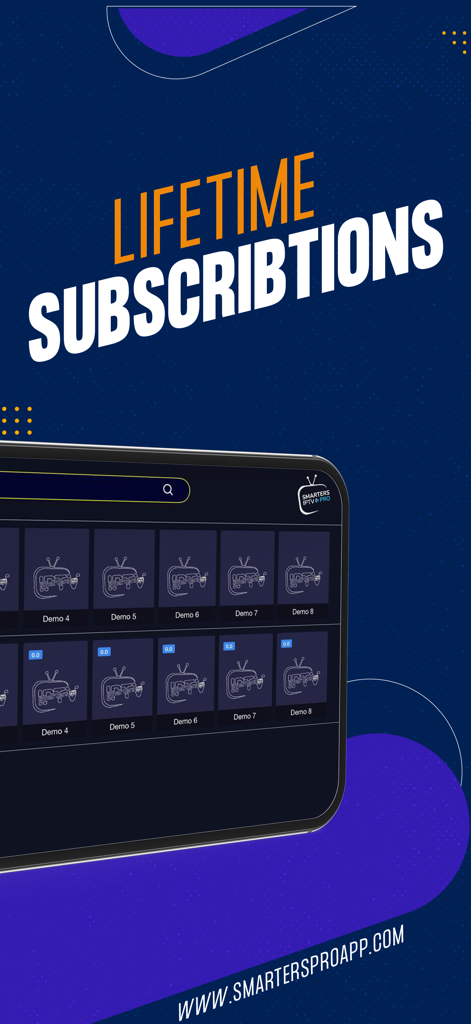 Smarters IPTV Pro - Interface de l'application mobile Smarters IPTV Pro montrant une offre d'abonnement à vie