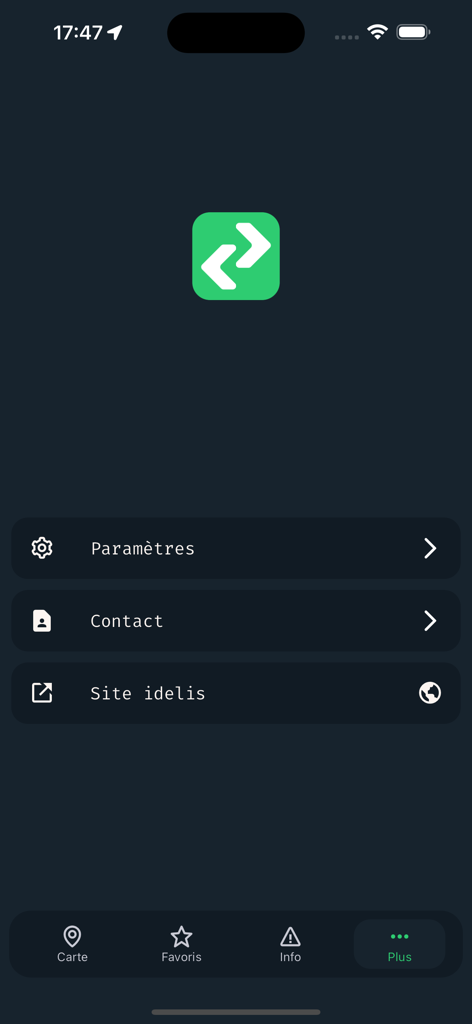 IDELight - The more tab of the IDELight app showing menu options for settings contact and the Idelis website link