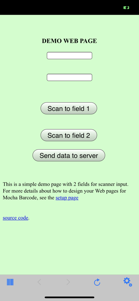 Demo web page showing barcode scanning into form fields
