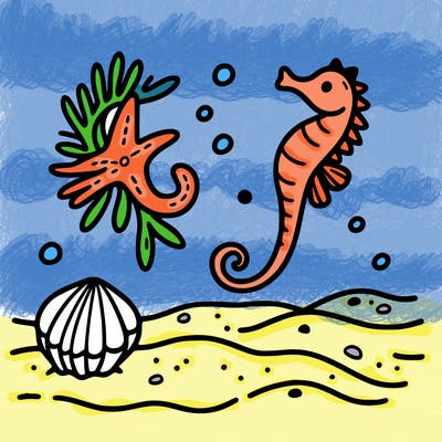 sand, sea horse, starfish