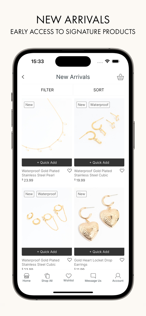 Interfaz de la app móvil Lovisa mostrando una lista seleccionada de joyería de nuevas llegadas, incluyendo pendientes y collares bañados en oro