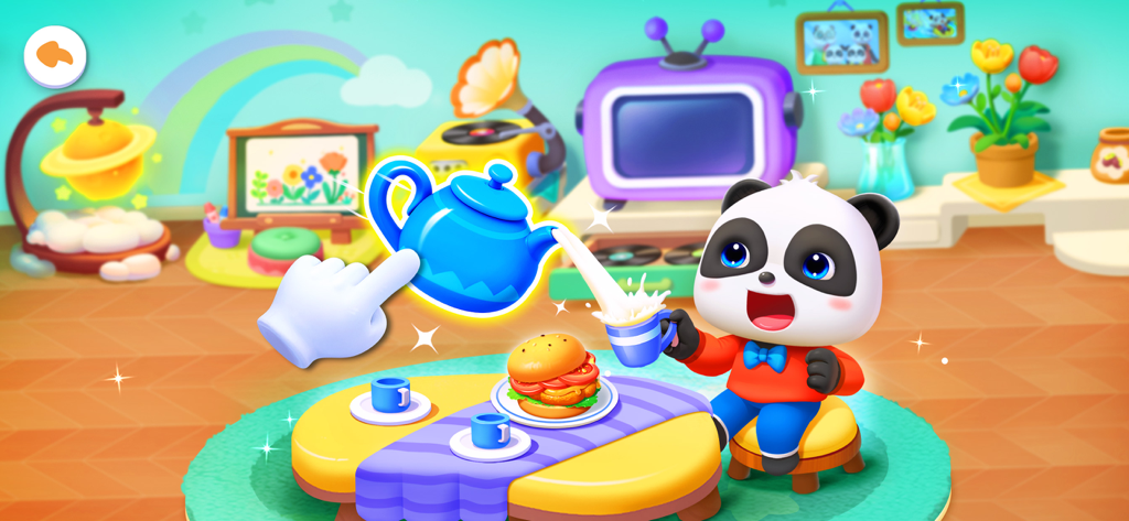 Baby Panda's House Games - Baby Panda Kiki veranstaltet eine Teeparty mit einem Burger in einem bunten, interaktiven 3D-Spielzimmer