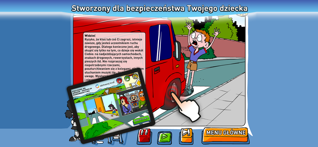 Edukacja drogowa dla dzieci - Aplicación educativa en polaco para niños que enseña seguridad vial a través de dibujos animados y lecciones interactivas