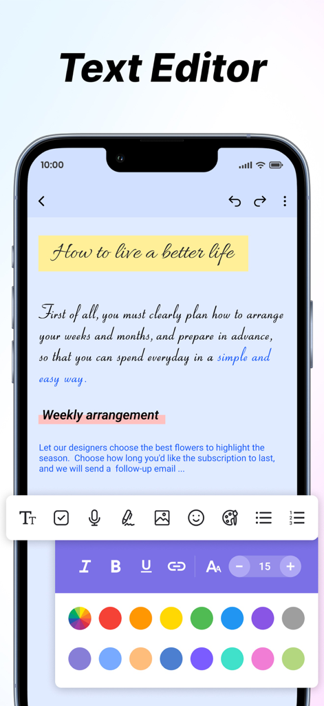 Notepad ++ - Captura de pantalla de la aplicación Notepad plus plus que muestra varias herramientas de formato de texto y un selector de color para una organización estética de notas