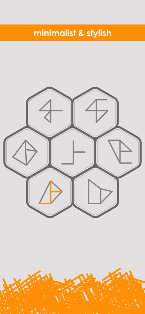 Minimalist puzzle game interface featuring hexagonal tiles with geometric line drawings on a gray background