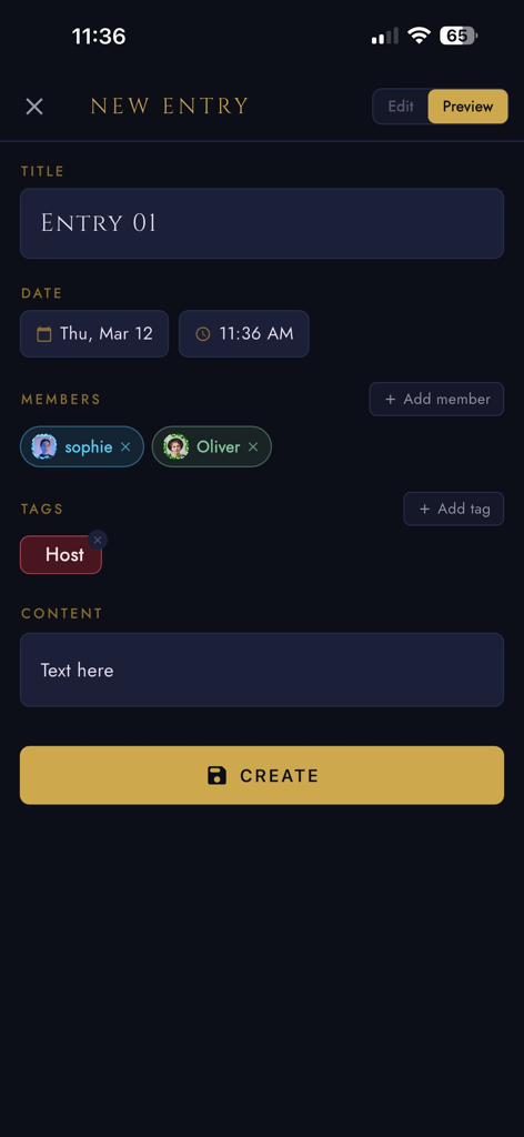 Interface for creating a new journal entry in the Ourcana app showing fields for title, date, members, and tags.