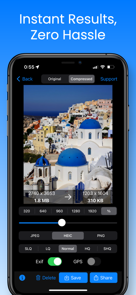 Easy Photo Compressor - Easy Photo Compressor app interface on iPhone showing photo compression from 1.8MB to 310KB with options for resizing and privacy