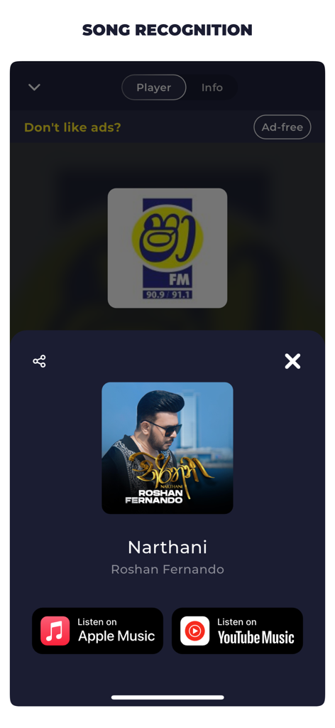 Radio Sri Lanka Live Online FM - Funzione di riconoscimento brani sull'app Radio Sri Lanka che identifica la traccia Narthani di Roshan Fernando con collegamenti a Apple Music e YouTube Music