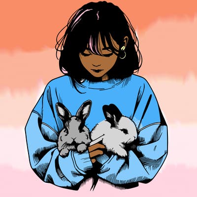 realistic girl with messy bunny baggy sweatshirt and holding bunnies