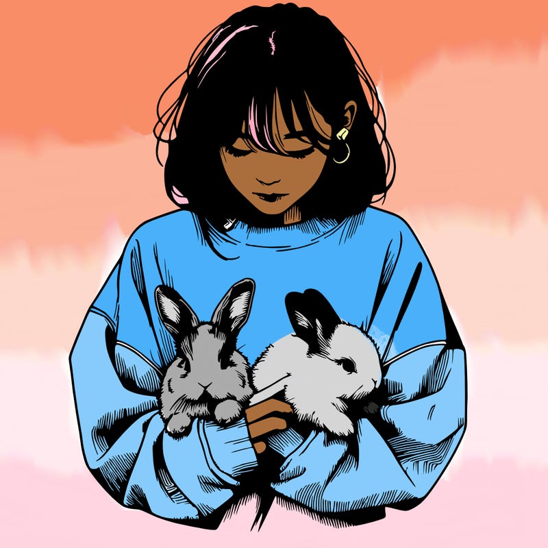 realistic girl with messy bunny baggy sweatshirt and holding bunnies
