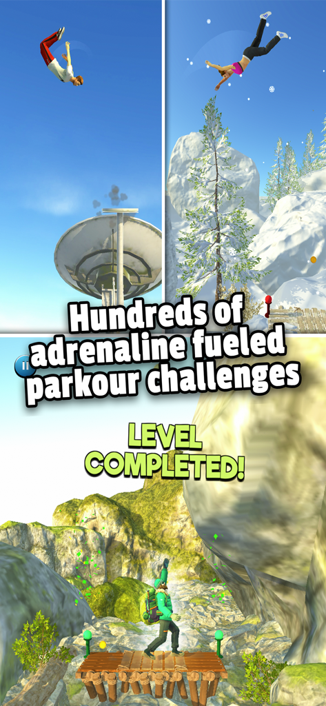 Flip Runner - Collage of characters performing parkour flips in city and snowy mountain environments