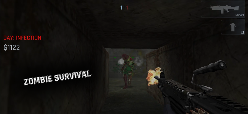 First person shooter perspective of a player firing an M249 at a zombie in a dark corridor.
